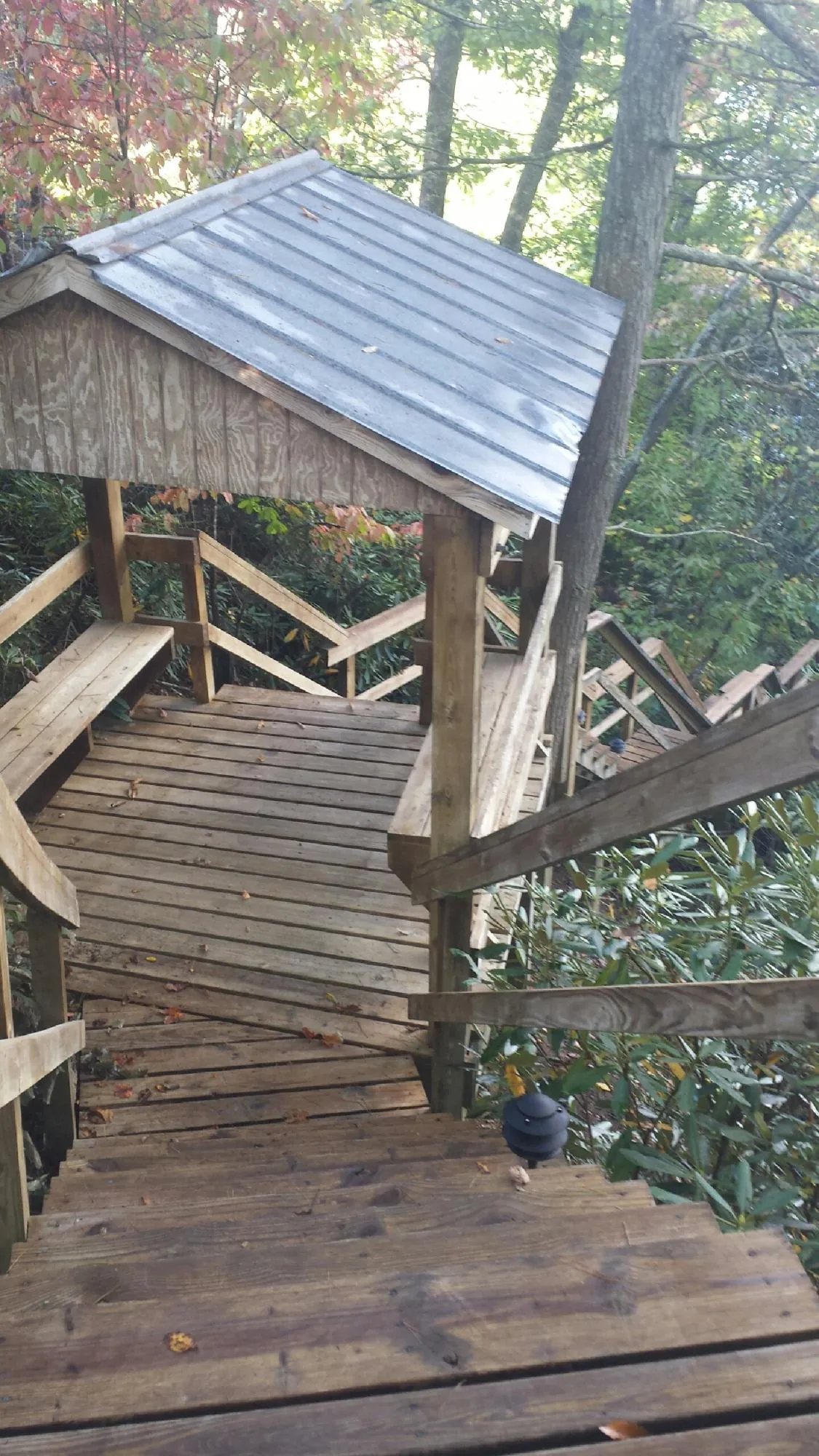 Metal roofed shelter over wooden steps on a wooded walkway — Skylight Repair & Installation work by our crew in Mansfield